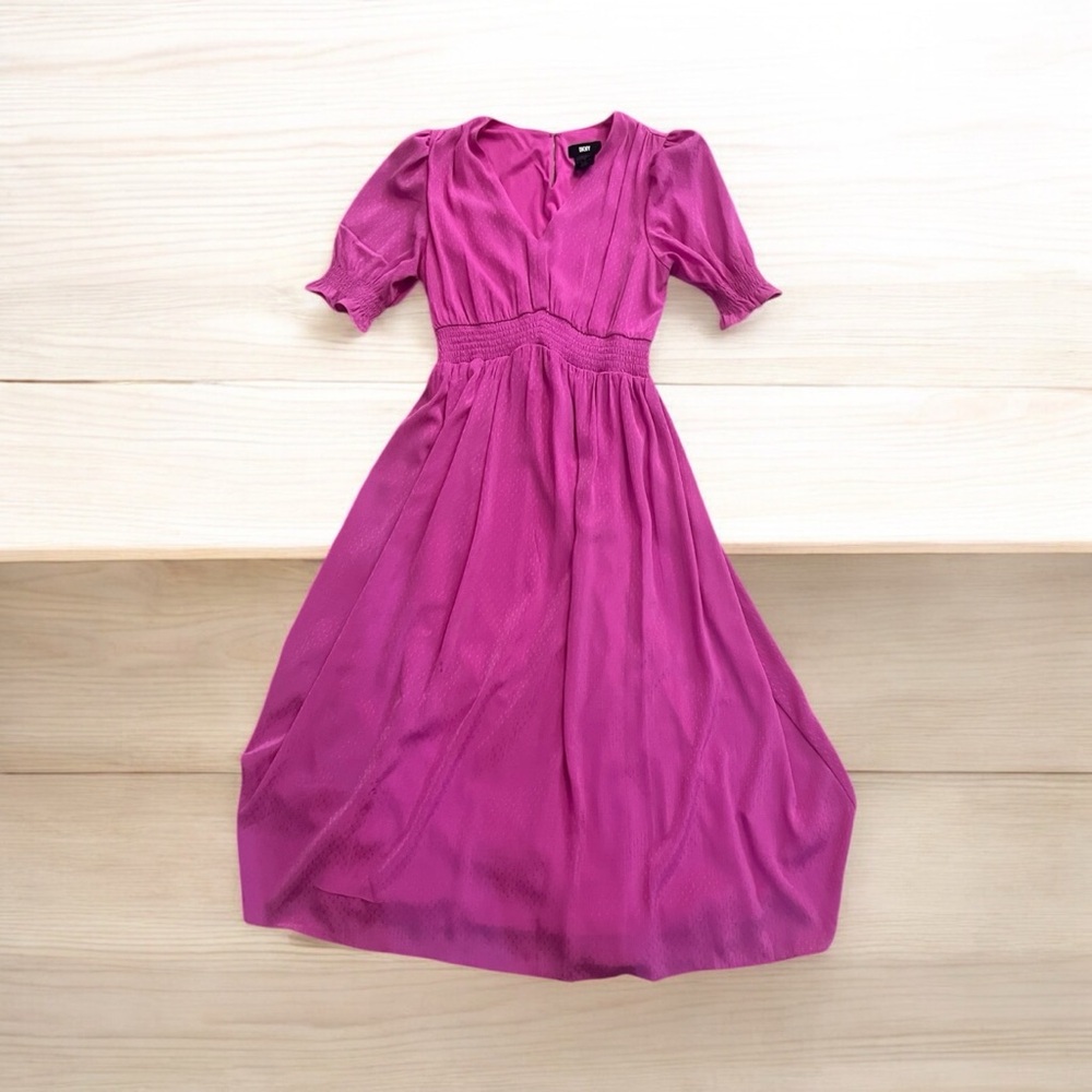 DKNY Women's Fuchsia Puff Sleeve V-Neck Midi